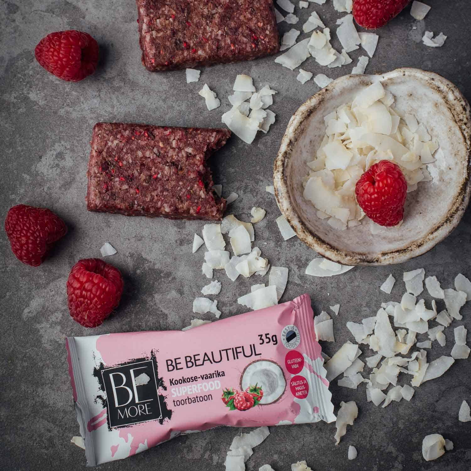 Be Beautiful kookose-vaarika toorbatoon - 16tk